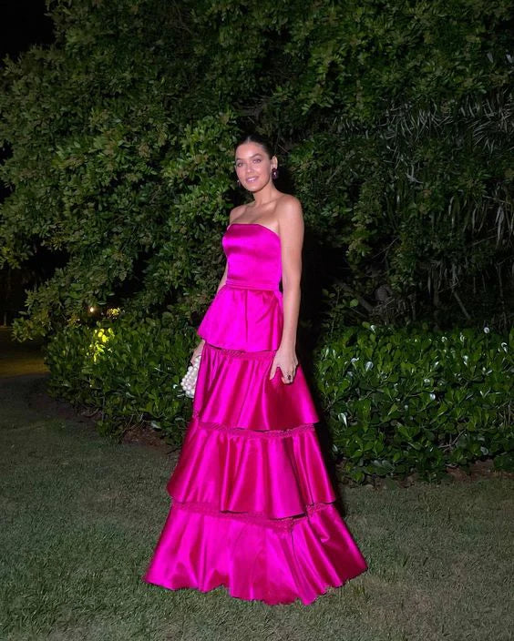 Luolandi Elegant Strapless A-Line Satin Layers Long Prom Dress Charming Evening Party Dress